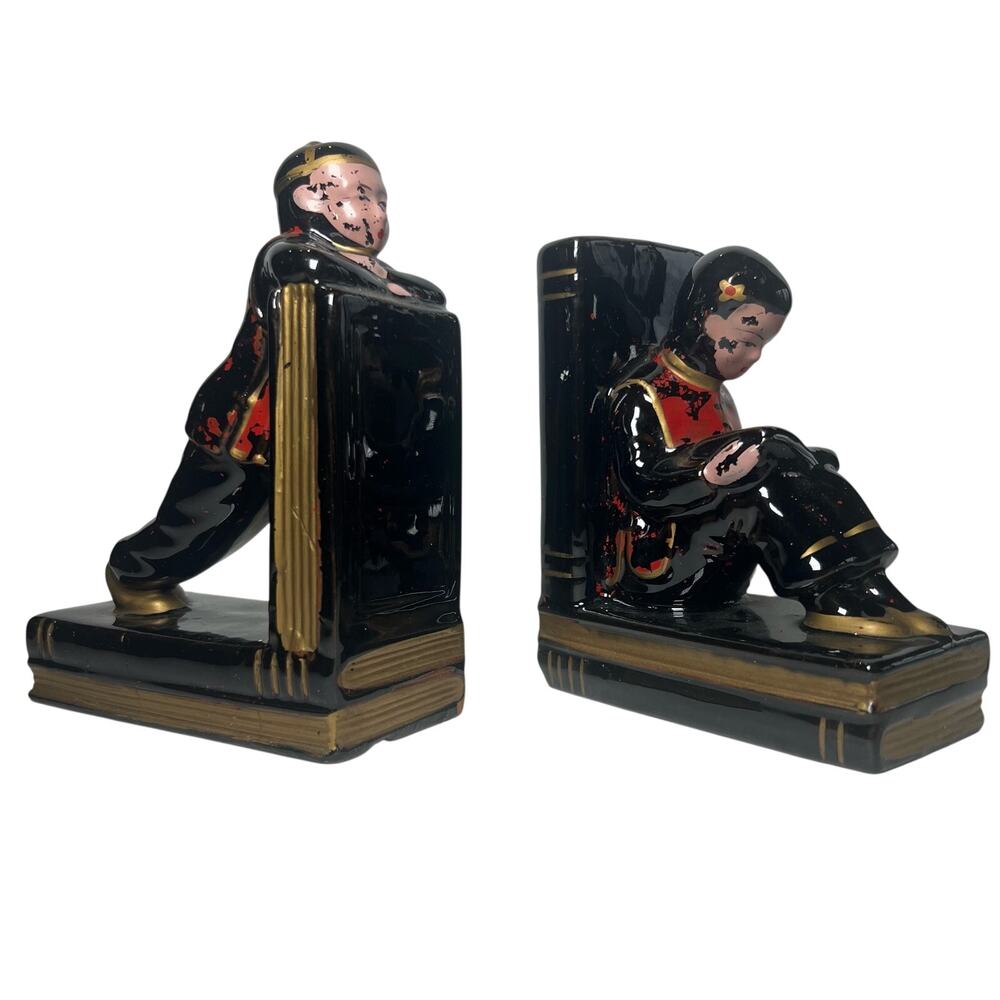 Vintage Enesco Japan Bookends Asian Boy Girl Figurine Shabby Chic Mid Century